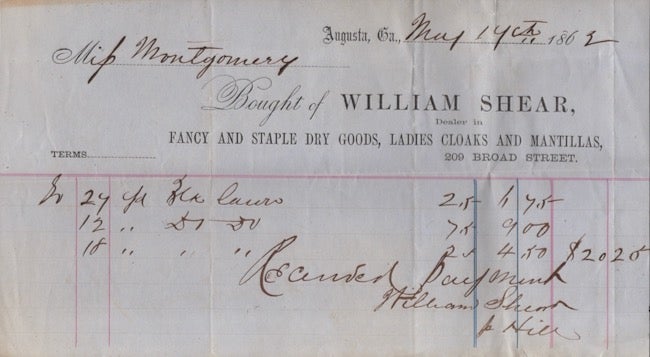 Item #28352 1862 Augusta, Georgia Confederate era receipt for goods bought from William Shear. Georgia Augusta, Merchant William Shear, Business.