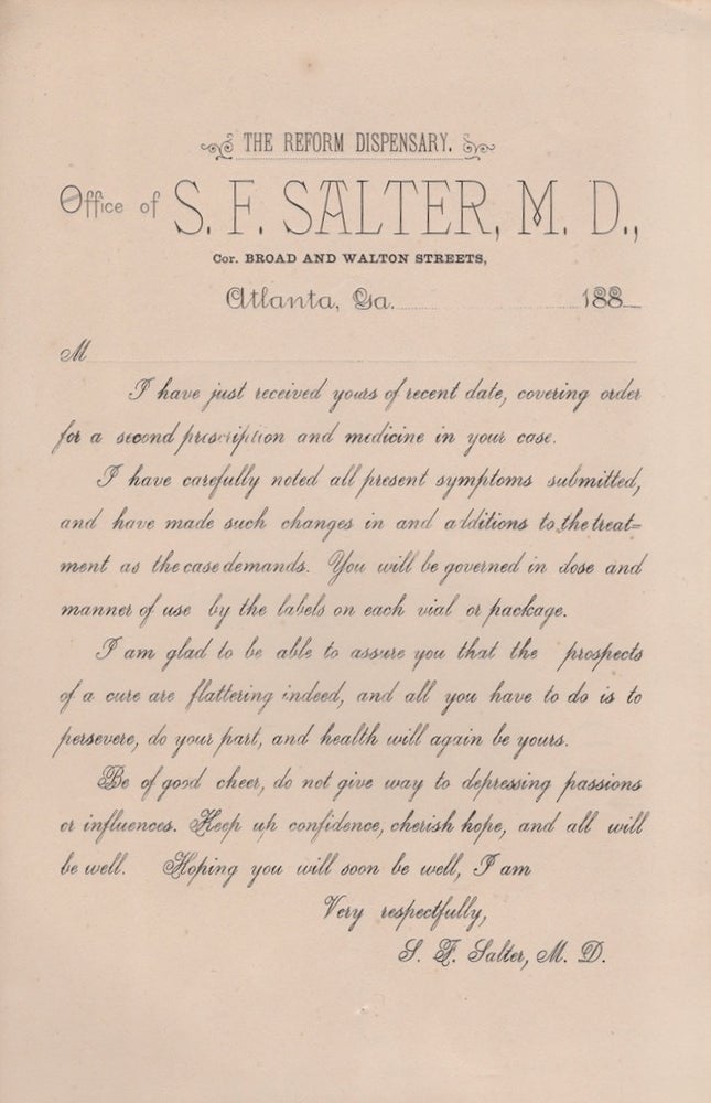 Item #28353 Ca. 1880's Printed broadside from "The Reform Dispensary Office of S. F. Salter, M.D., Atlanta Georgia" Medicine, M. D. S. F. Salter, Georgia Atlanta.