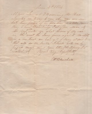 Item #28355 1844 Letter from William Blount Marshall to the Law Firm of Jones and Benning,...