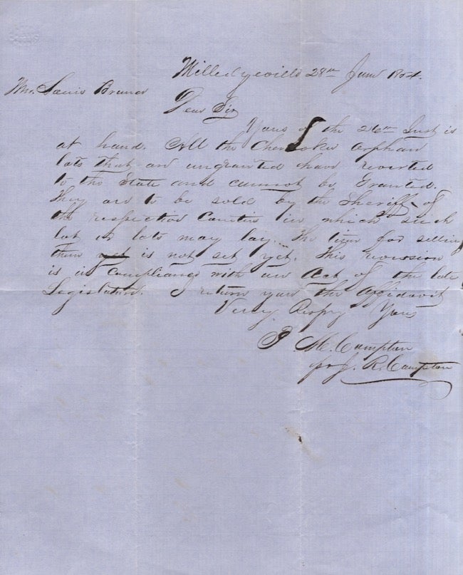 Item #28356 1854 Milledgeville, Georgia Letter Addressed to Mr. Louis Bruner (sp.?) Concerning Orphaned Cherokee Land Lots. Georgia, Cherokee Land Lottery.