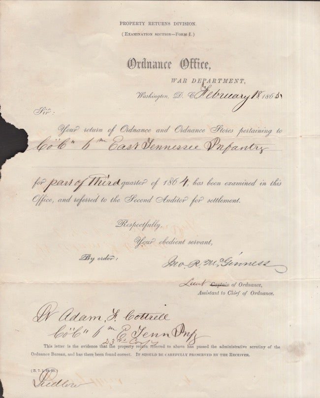 Item #28357 1865 Civil War Ordinance Office War Department Washington D.C. Form for the return of ordinance from Company C 6th East Tennessee Infantry. Civil War, United States War Department.