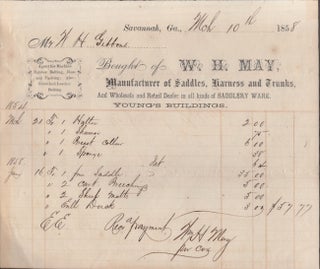 Item #29650 1858 Receipt from W. H. May, Manufacturer of Saddles, Harness and Trunks, And...