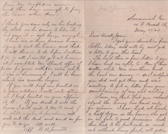 Item #29710 1884 Letter written from Savannah to family member regarding real estate business. Mentions James Sprunt form Wilmington, North Carolina. R. B. Jewett, North Carolina Wilmington, Savannah.