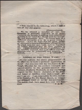 Item #33211 Alexandria City, Virginia Political Broadside: Voters of the Third Ward. J A. K.,...