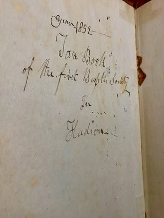 1852-1927 Ledger from Hudson, New Hampshire First Baptist Society. Information includes accounts, taxes, list of ministers, meeting records, etc.