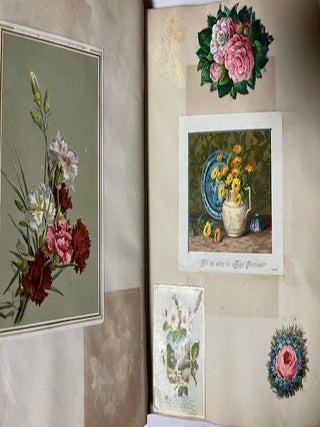 1882-89 Colorful Scrapbook and Memory Book with several color lithograph cards pasted down and several pages of hand written manuscript verse