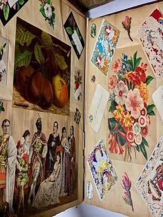 Circa 1880 Scrapbook of Edna M. Blanchard with cut out and pasted down color lithograph card illustrations, die-cuts, floral illustrations, advertisements, holiday and birthday greetings, religious themes, printed name cards, illustrations of people and more.