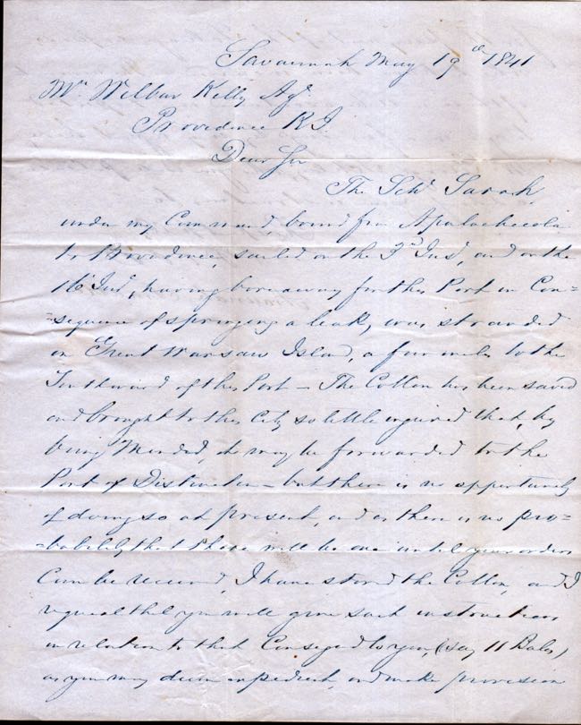 Item #7073 Letter from the Captain of the Schooner Sarah to Agent Wilbut Kelly in Providence Rhode Island, Concerning a Shipwreck and Shipment of Cotton. Snell Captain Araunah Smull, Small?