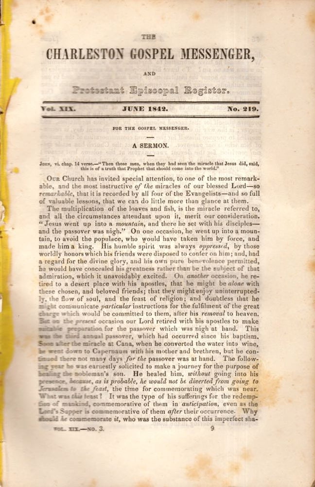 Item #8282 The Charleston Gospel Messenger, and Protestant Episcopal Register June, 1842. Publisher A. E. Miller.