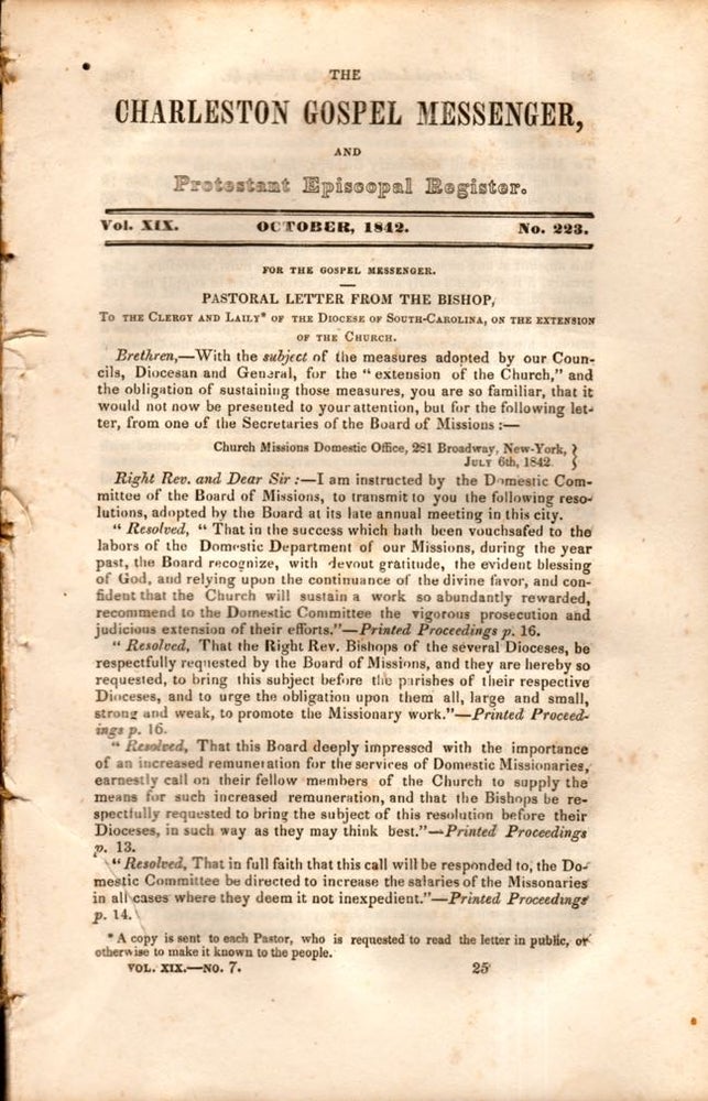 Item #8286 The Charleston Gospel Messenger, and Protestant Episcopal Register October, 1842. Publisher A. E. Miller.