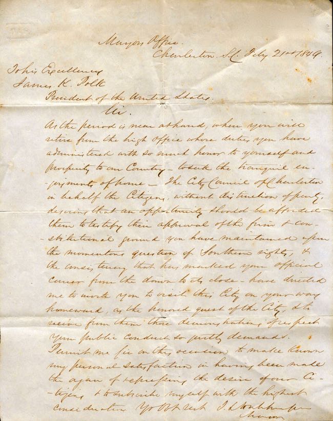 Item #9264 Autograph Letter (retained copy) from the "Mayors Office, Charleston, S.C. Feby 21st 1849" Addressed "To His Excellency James K. Polk President of the United States." Thomas Ledger Hutchinson.